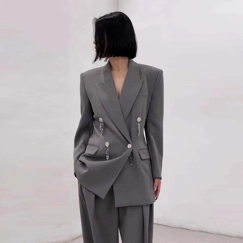 TWOTWINSTYLE Gray Spliced Button Two Piece Set Female Lapel Long Sleeve Jacket Office Lady Women's Pants Set Autumn Fashion New