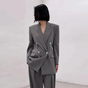 TWOTWINSTYLE Gray Spliced Button Two Piece Set Female Lapel Long Sleeve Jacket Office Lady Women's Pants Set Autumn Fashion New