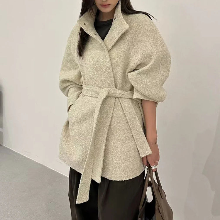 Textured Stand-Collar Tie-Waist Jacket