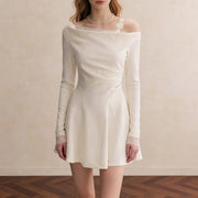 Asymmetric-Neck Draped Mini Dress