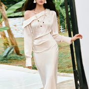 TWOTWINSTYLE Solid Spliced Folds Two Piece Set Female Skew Collar Long Sleeve Shirt Elegant Luxury Women's Skirt Set Fashion New