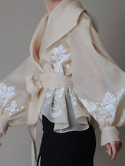 Tie-Front Balloon-Sleeve Blouse