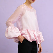 Sheer-Panel Balloon-Hem Blouse