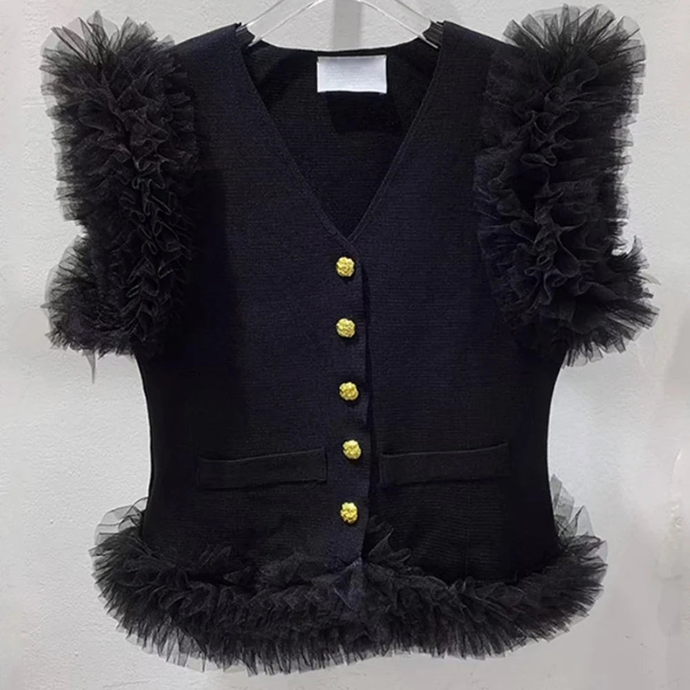 Fluffy-Trim Button-Front Vest