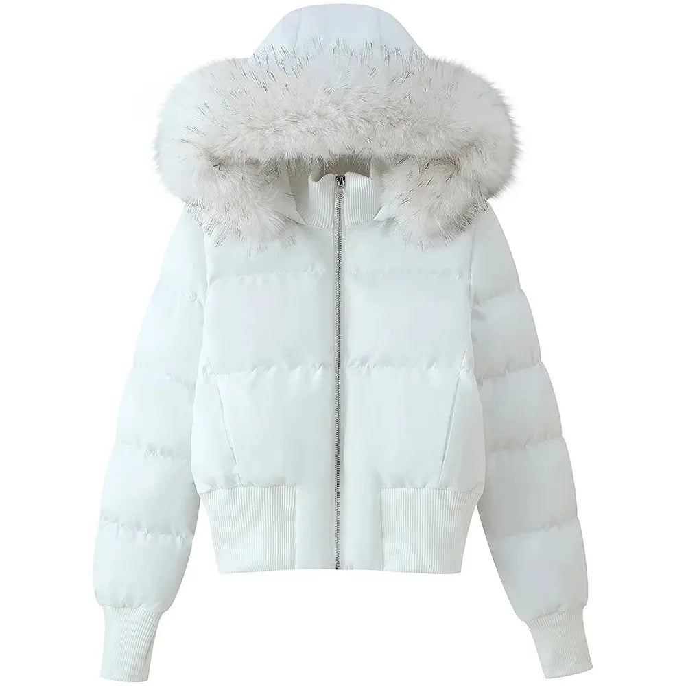 Fluffy-Collar Zip-Up Puffer Jacket