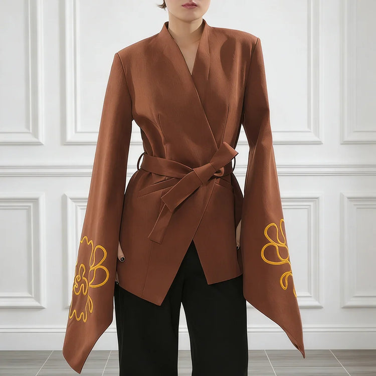 Embroidered Bell-Sleeve Wrap Jacket