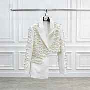 TWOTWINSTYLE White Spliced Pearls Two Piece Set Female Lapel Long Sleeve Jacket Light Luxury Women's Skirt Set Fashion Style