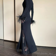 Fringed-Cuff Split-Hem Long Dress