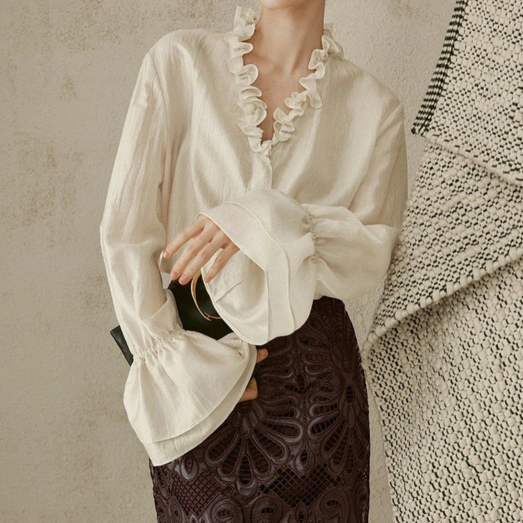 Ruffled-Neck Bell-Sleeve Blouse