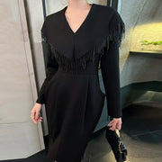 Fringe-Detail Long-Sleeve Long Dress