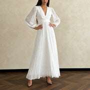 V-Neck Pleated Long Dress