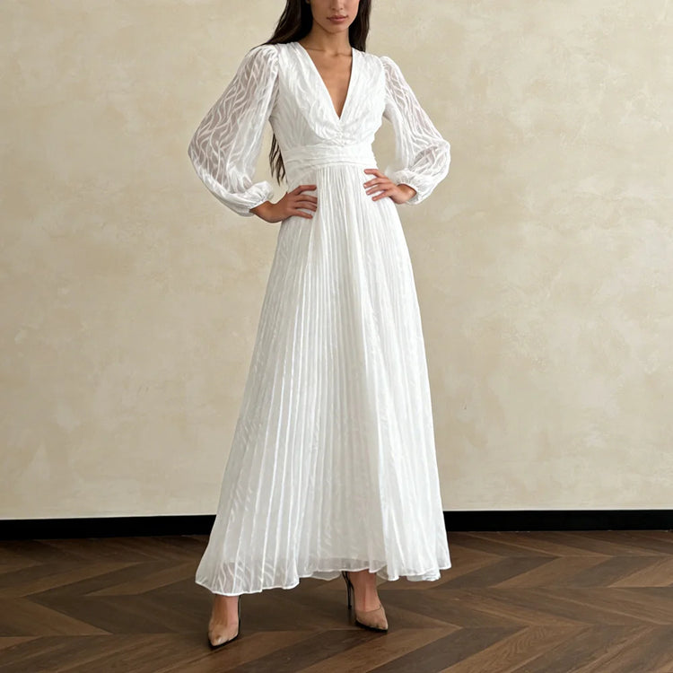 V-Neck Pleated Long Dress
