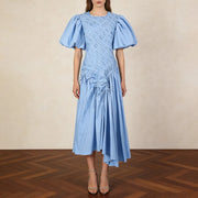 Ruched Puff-Sleeve Midi Dress