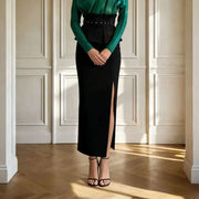 Peplum-Waist Split-Front Skirt
