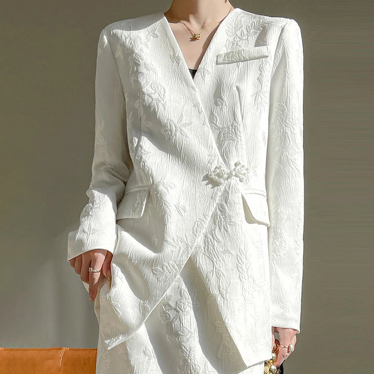 Floral-Textured Collarless Blazer
