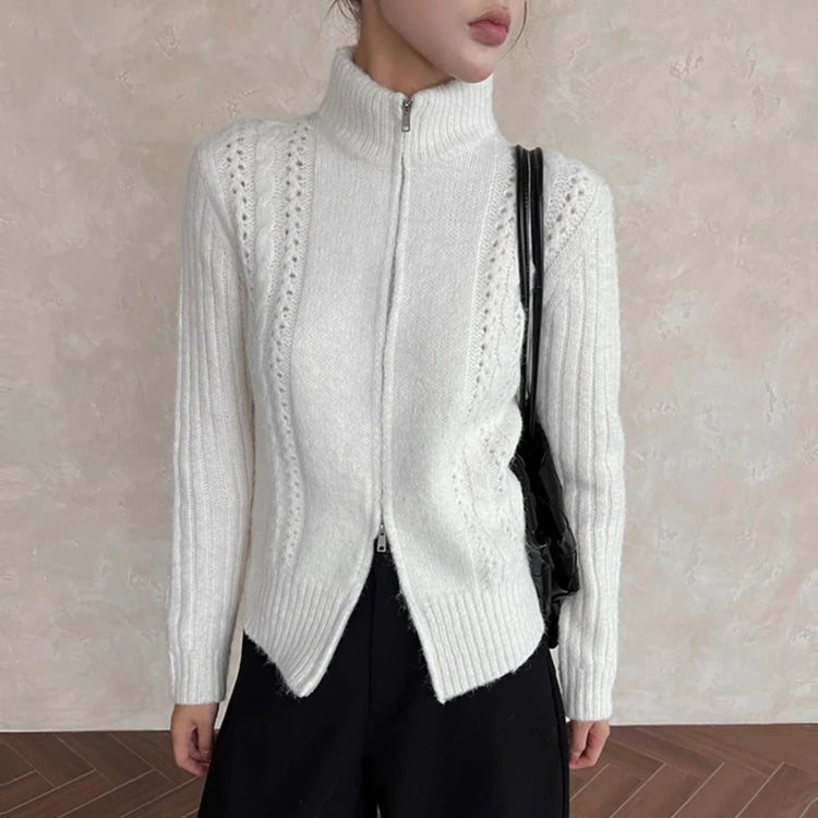 Openwork Zip-Up Stand-Collar Cardigan