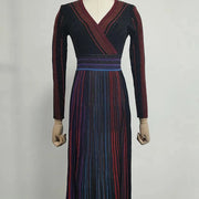 Striped V-Neck Long-Sleeve Dress