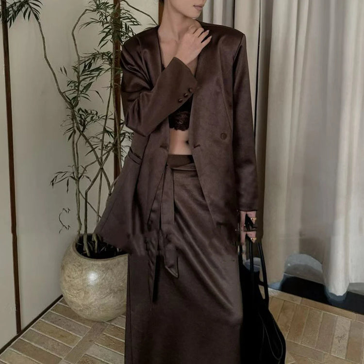 TWOTWINSTYLE Solid Spliced Lace Up Two Piece Set Female V Neck Long Sleeve Jacket Elegant Women's Skirts Set Autumn Fashion New