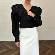 Pleated-Ruffle V-Neck Cropped Blouse