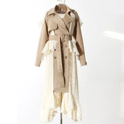 Lace-Panel Ruffle-Hem Long Coat