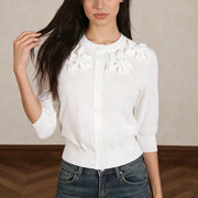 Floral Applique Half-Sleeve Cardigan