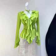 Ruffled V-Neck Flared-Cuff Blouse