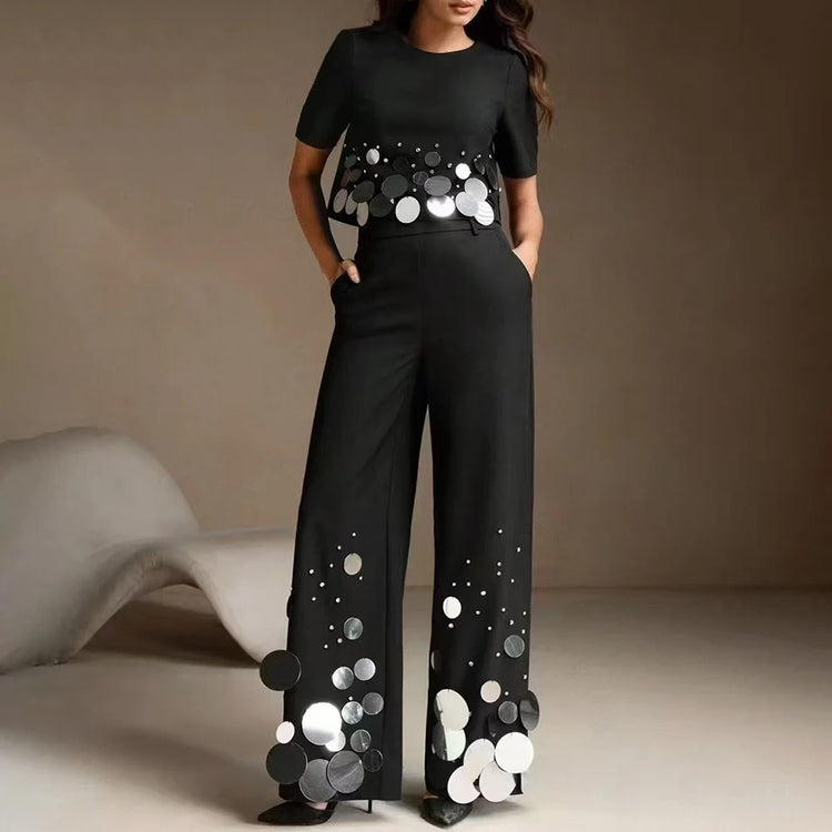 Disc-Embellished Top or Wide-Leg Pants