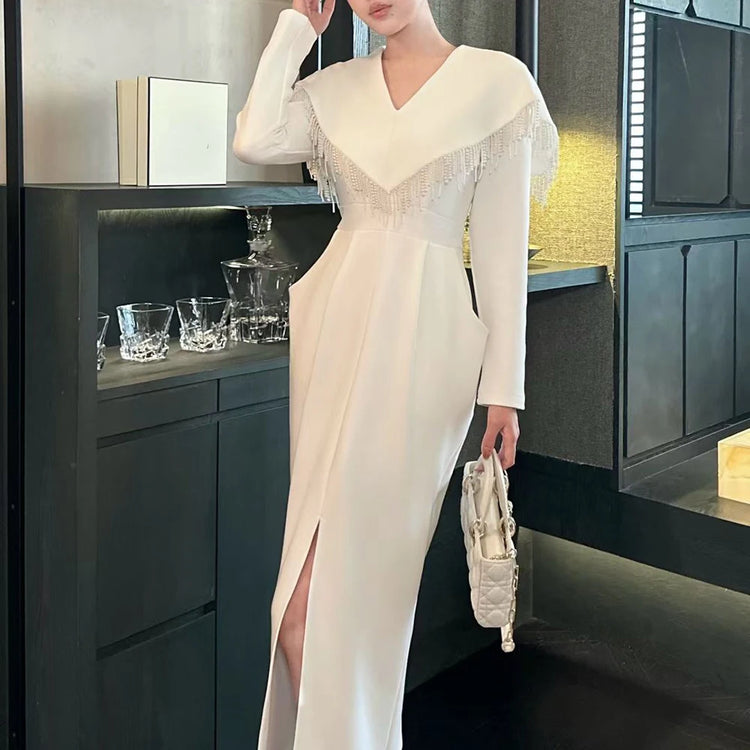 Fringe-Detail Long-Sleeve Long Dress
