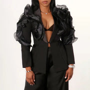 Sheer Ruffle-Trim Blazer