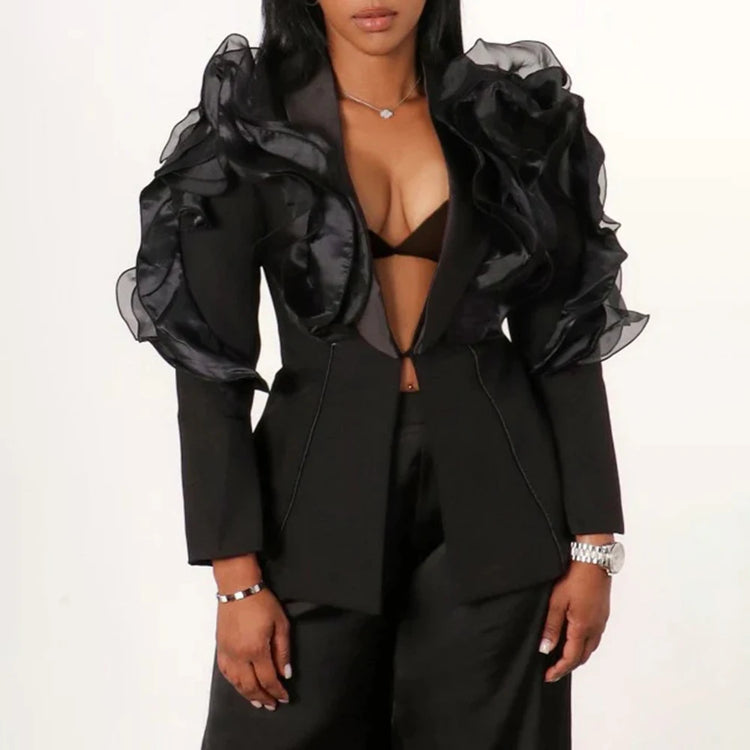 Sheer Ruffle-Trim Blazer