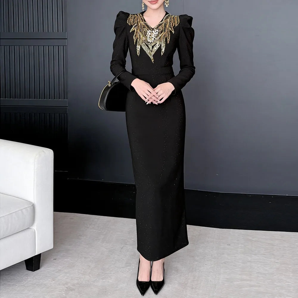 Embellished Puff-Sleeve Dress