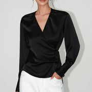 Glossy Tie-Waist Wrap Blouse