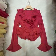 Ruffled V-Neck Cropped Blouse