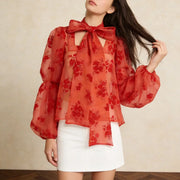 Floral Tie-Neck Sheer Blouse