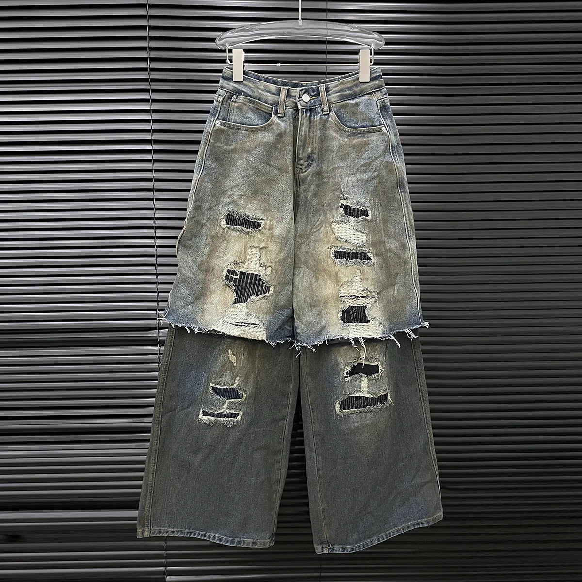 Layered Distressed Wide-Leg Jeans