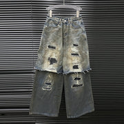 Layered Distressed Wide-Leg Jeans