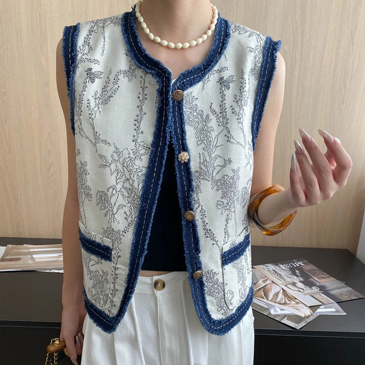 Floral Contrast-Trim Vest