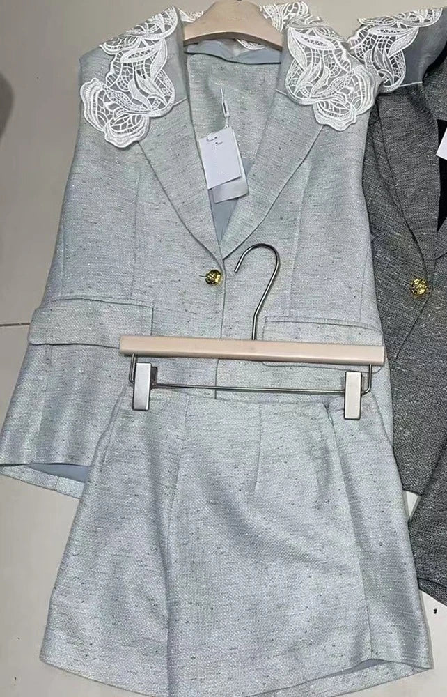 Lace-Collar Vest and Shorts Set
