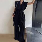 TWOTWINSTYLE Solid Spliced Folds Two Piece Set Female V Neck Sleeveless Shirt Streetwear Design Women's Trousers Set Fashion New