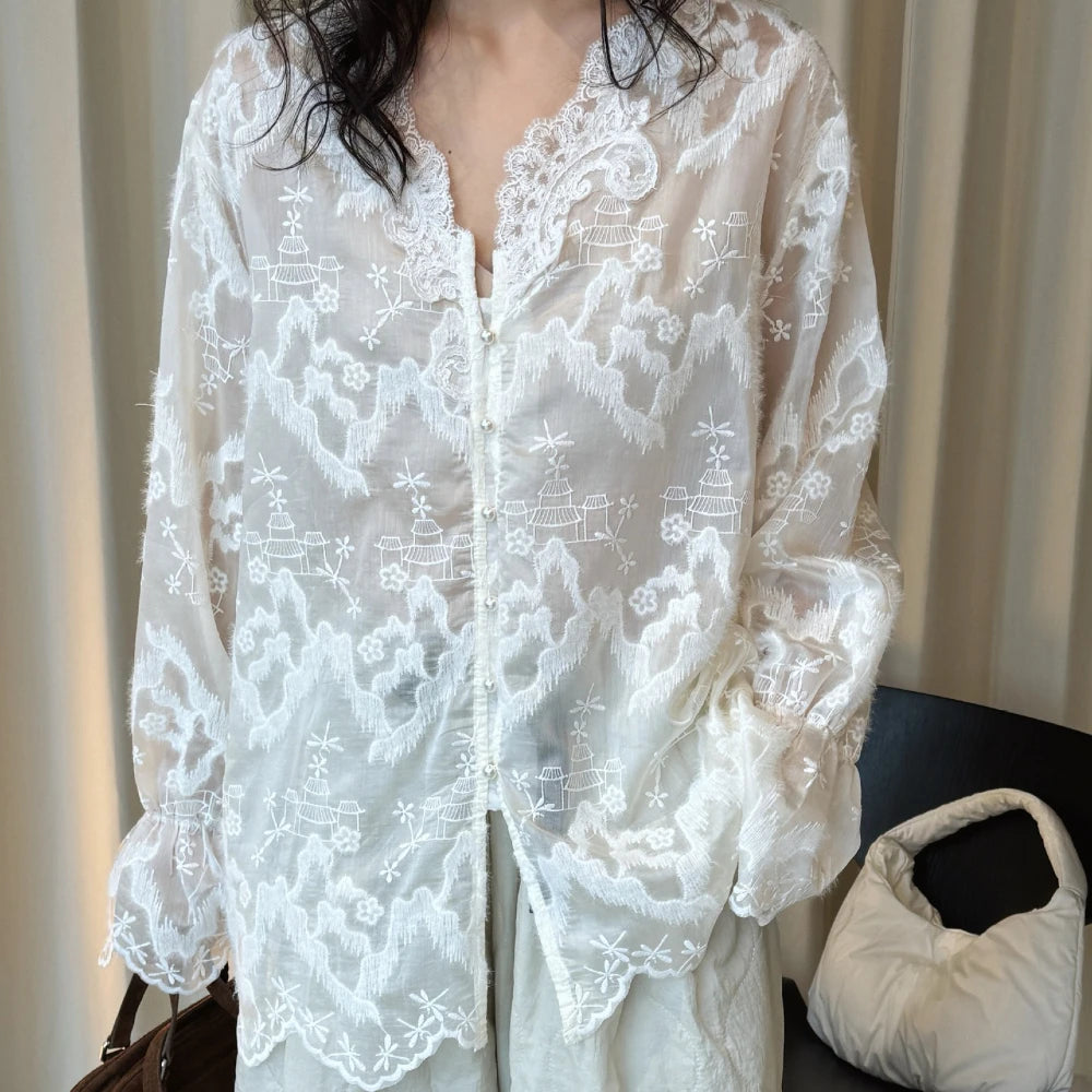 Floral Lace Button-Front Blouse