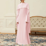 Cape-Overlay Long-Sleeve Long Dress