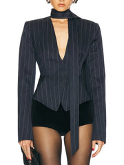 Pinstriped Deep-V Fitted Blazer