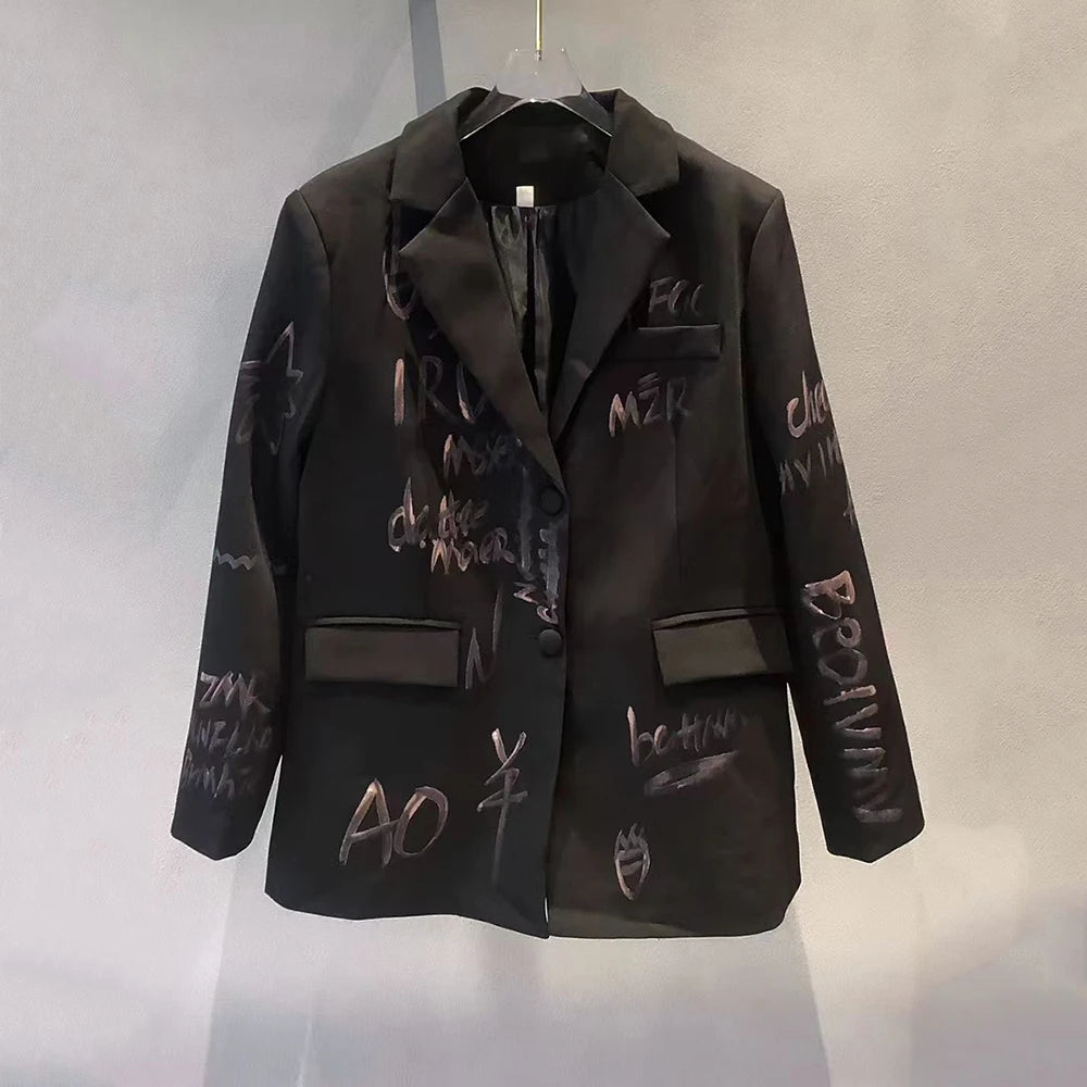 Letter-Print Notched-Lapel Blazer