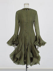 Ruffled Button-Front Long-Sleeve Dress