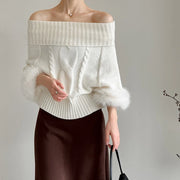 Fluffy-Cuff Cable-Knit Sweater