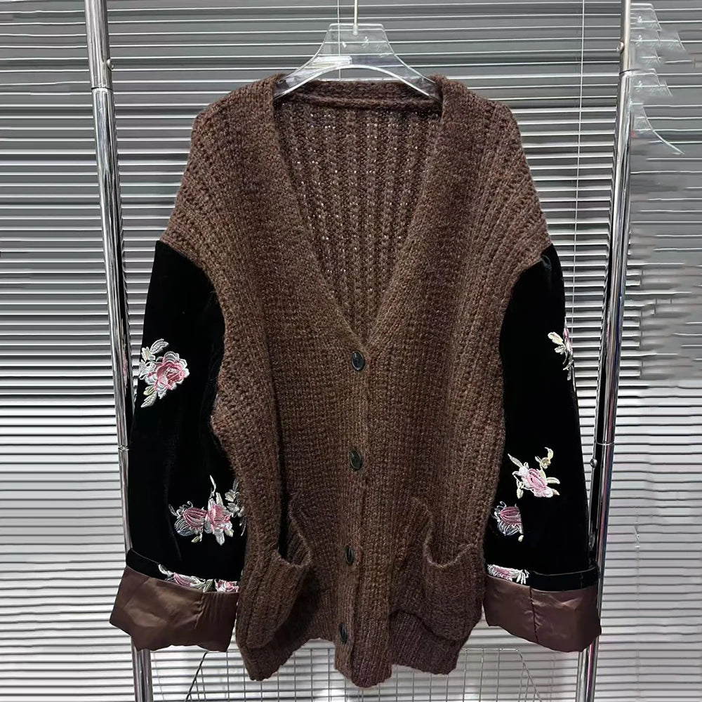 Floral-Sleeve Open-Front Cardigan