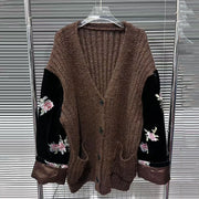 Floral-Sleeve Open-Front Cardigan