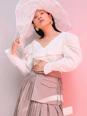 Ruched Puff-Sleeve V-Neck Blouse
