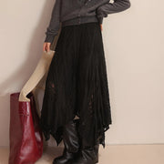 Lace-Panel Asymmetric Midi Skirt
