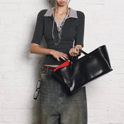 Contrast-Collar Lace-Up Top
